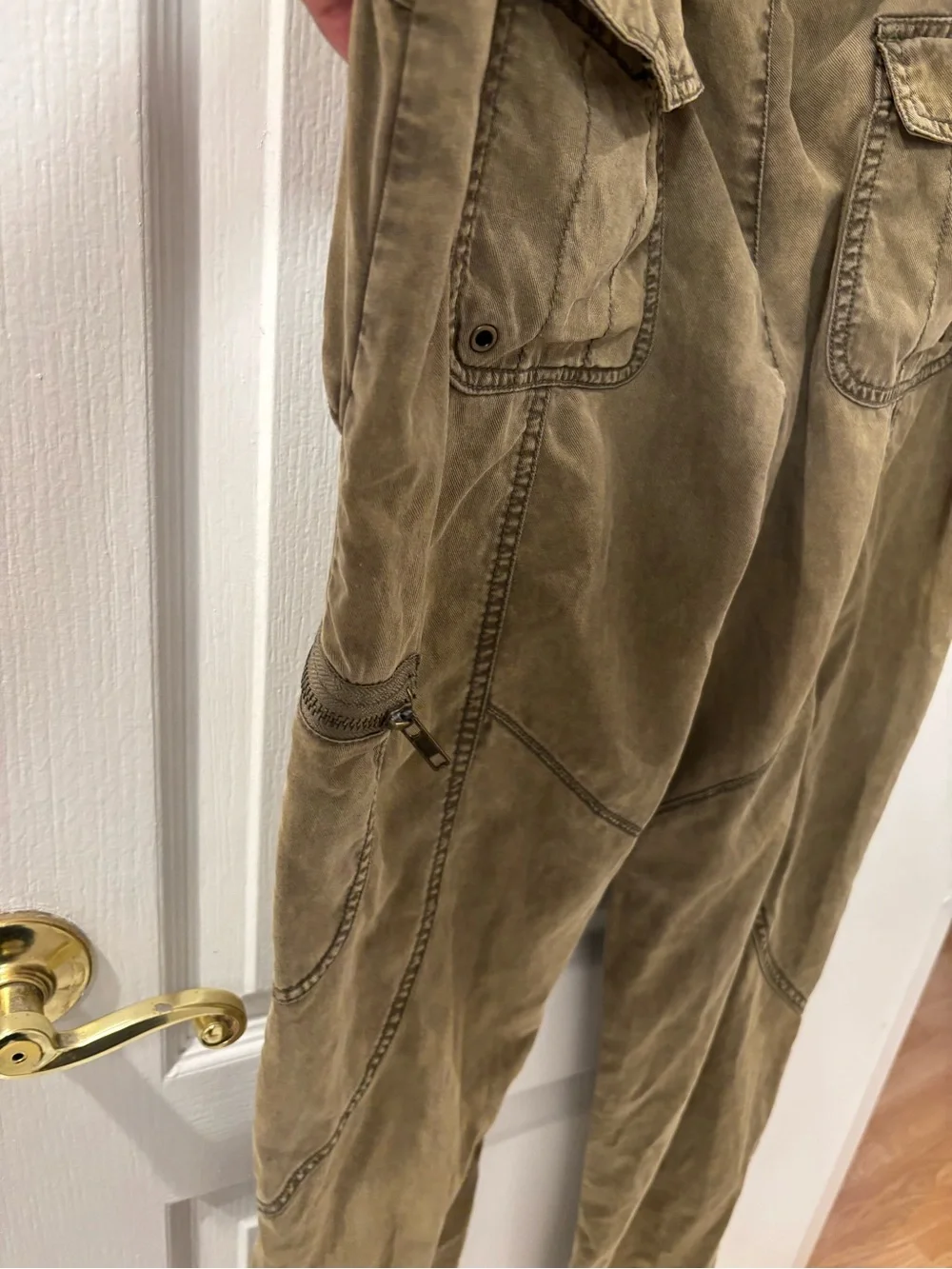 Free People 2013 Tencel Utility Ginger Jumpsuit Backless Zip Front Olive Green